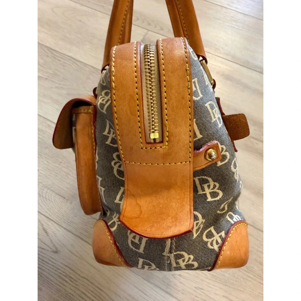 Dooney & Bourke Monogram Leather Satchel Handbag GrayTan Latch Pockets Vintage